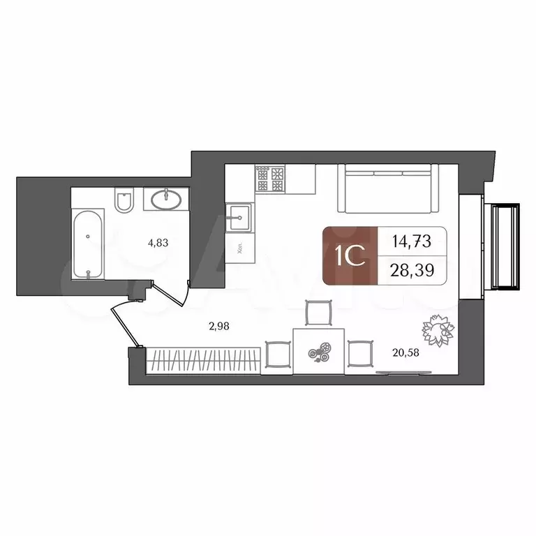 Квартира-студия, 28,6 м, 21/21 эт. - Фото 1