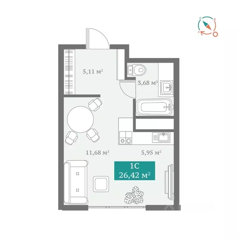 Студия Тюменская область, Тюмень ул. Алматинская, 10 (26.42 м) - Фото 1
