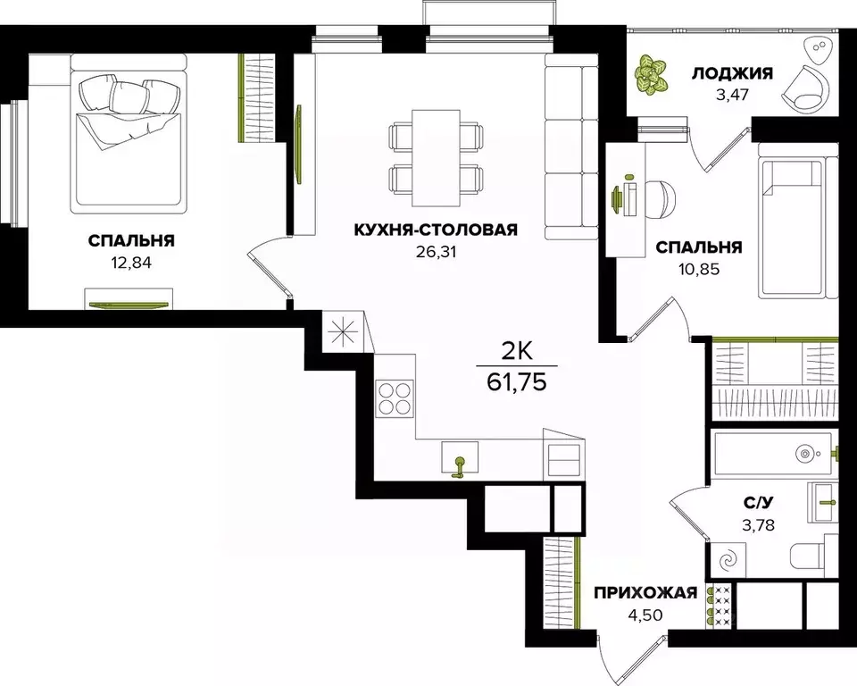 2-к кв. Тульская область, Тула  (61.75 м) - Фото 1