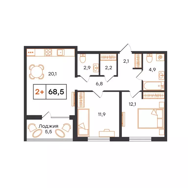 2-комнатная квартира: Тюмень, микрорайон ДОК (68.5 м) - Фото 1