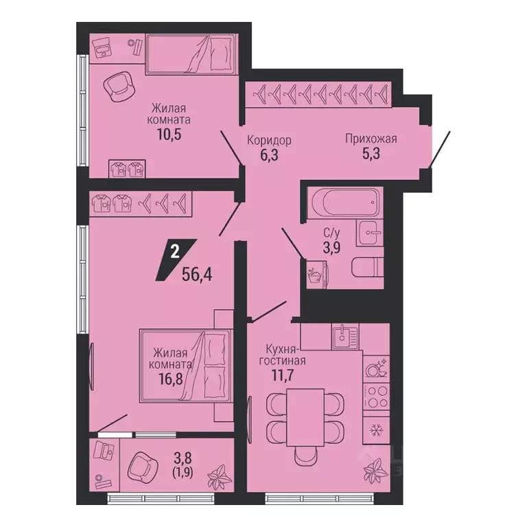 2-к кв. Свердловская область, Екатеринбург Вторчермет жилрайон,  (56.4 ... - Фото 1