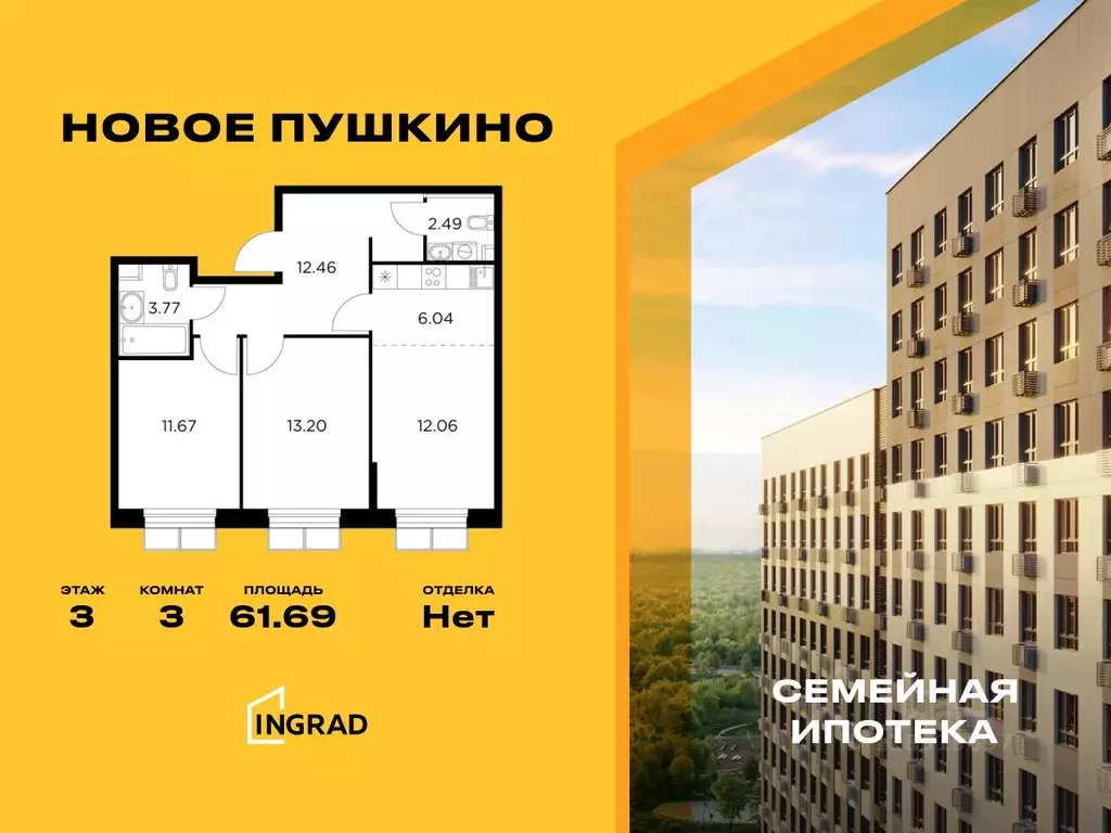 3-к кв. Московская область, Пушкино Новое Пушкино мкр, к20 (61.69 м) - Фото 0