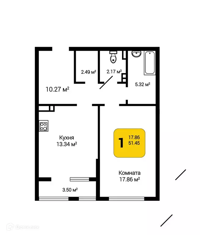 Продаётся 1-к квартира, 53.2 м - Фото 0