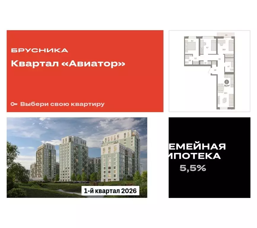 3-комнатная квартира: Новосибирск, улица Аэропорт (74.98 м) - Фото 0