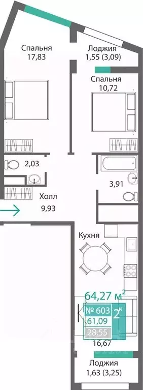 2-к кв. Крым, Симферополь Крымская роза мкр,  (64.27 м) - Фото 0
