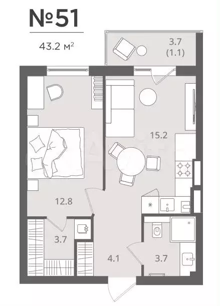 1-к. квартира, 43,2 м, 4/7 эт. - Фото 1