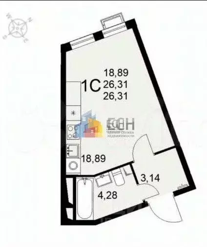 Студия Тульская область, Тула ул. Федора Смирнова, 2к1 (26.1 м) - Фото 2