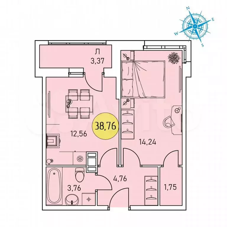 1-к. квартира, 38,8 м, 5/9 эт. - Фото 0