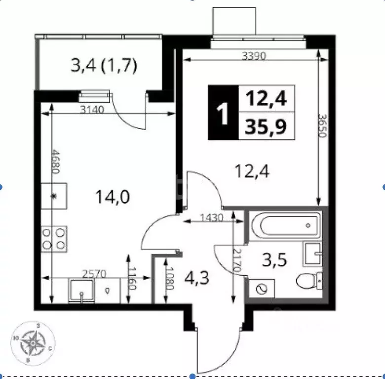 1-к кв. Москва 1-й Ясеневский жилой комплекс, 3 (35.9 м) - Фото 1