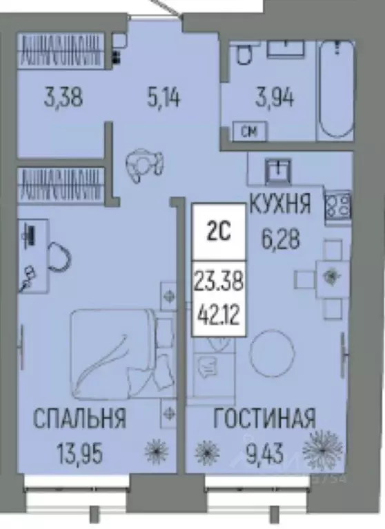 2-к кв. Башкортостан, Уфа ул. Рудольфа Нуреева, 9 (42.2 м) - Фото 1