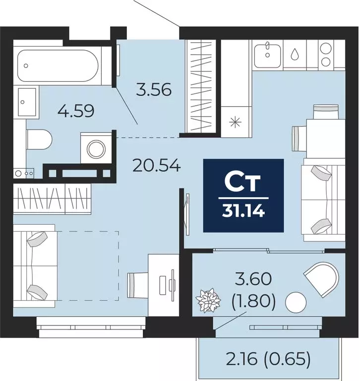 Квартира-студия: Тюмень, Камчатская улица, 107к1 (34.45 м) - Фото 1