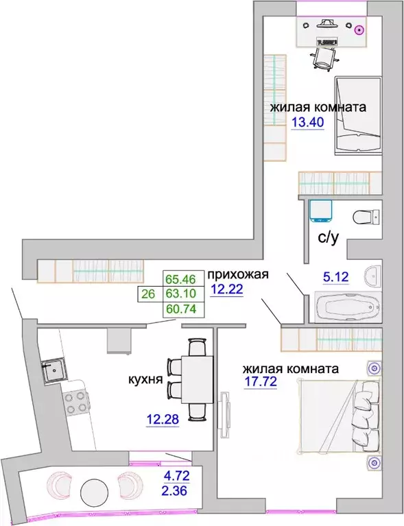 2-к кв. Калининградская область, Зеленоградск ул. Тургенева, 16А (63.7 ... - Фото 0