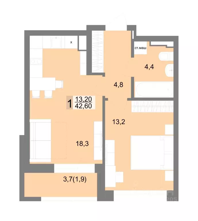 1-к кв. Свердловская область, Екатеринбург ул. Семена Лагоды, 80 (42.6 ... - Фото 1