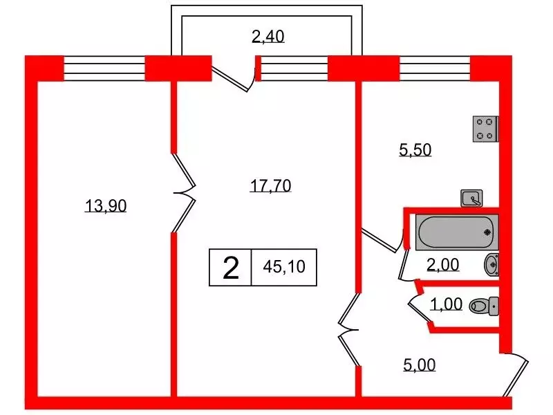 2-к кв. Санкт-Петербург просп. Народного ополчения, 231 (45.1 м) - Фото 1