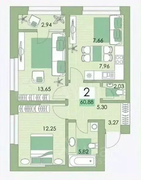 2-к кв. Башкортостан, Уфа ул. Подполковника Недошивина, 11 (60.88 м) - Фото 2