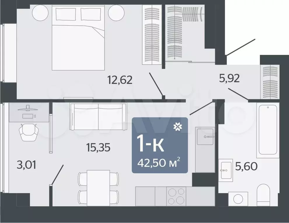 1-к. квартира, 42,5 м, 6/8 эт. - Фото 0