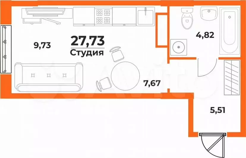 Квартира-студия, 27,7м, 2/10эт. - Фото 1