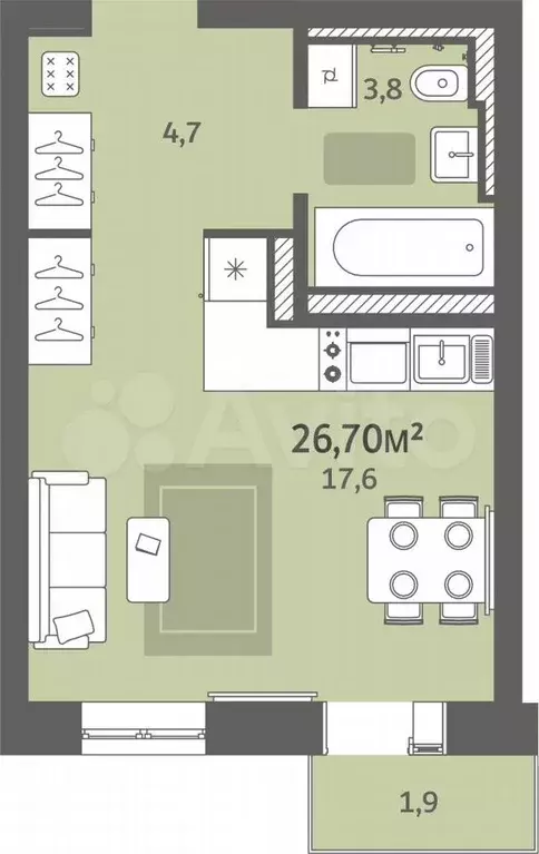 Квартира-студия, 26,7 м, 6/9 эт. - Фото 0