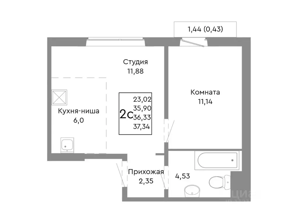 2-к кв. Челябинская область, Челябинск Ярославская ул. (36.33 м) - Фото 1
