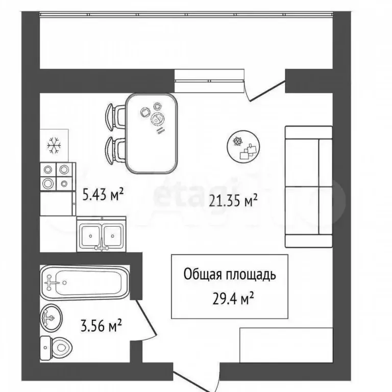 1-к. квартира, 29,4 м, 1/9 эт. - Фото 1