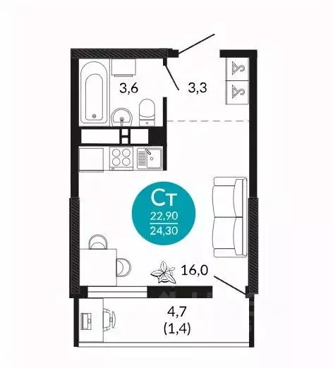 Студия Краснодарский край, Новороссийск ул. Куникова, 47Г (24.3 м) - Фото 0