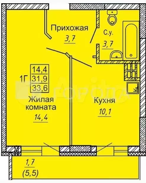 1-к. квартира, 33,6 м, 16/24 эт. - Фото 0