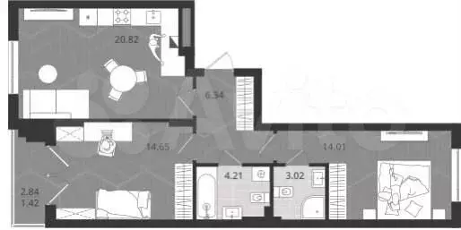 2-к. квартира, 64,5м, 2/4эт. - Фото 1