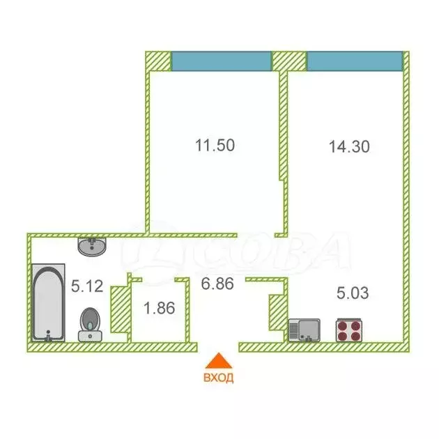 1-комнатная квартира: Тюмень, улица Новосёлов, 105 (44.7 м) - Фото 0