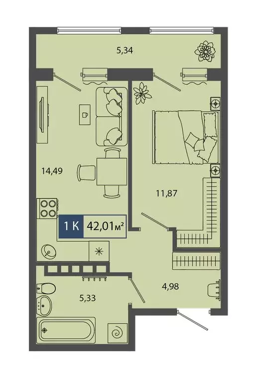 1-комнатная квартира: Тюмень, улица Владимира Соболевского, 3 (42.01 ... - Фото 1