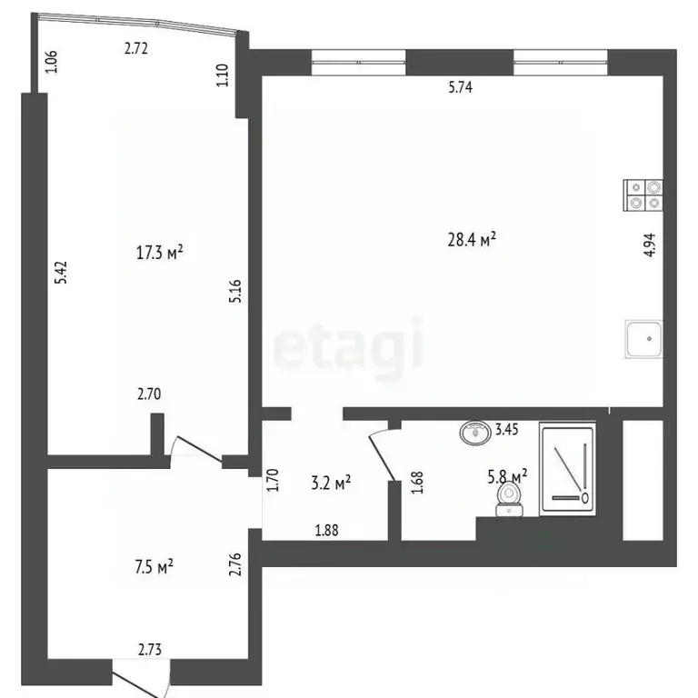 1-к кв. Тюменская область, Тюмень ул. Короленко, 12 (62.2 м) - Фото 2