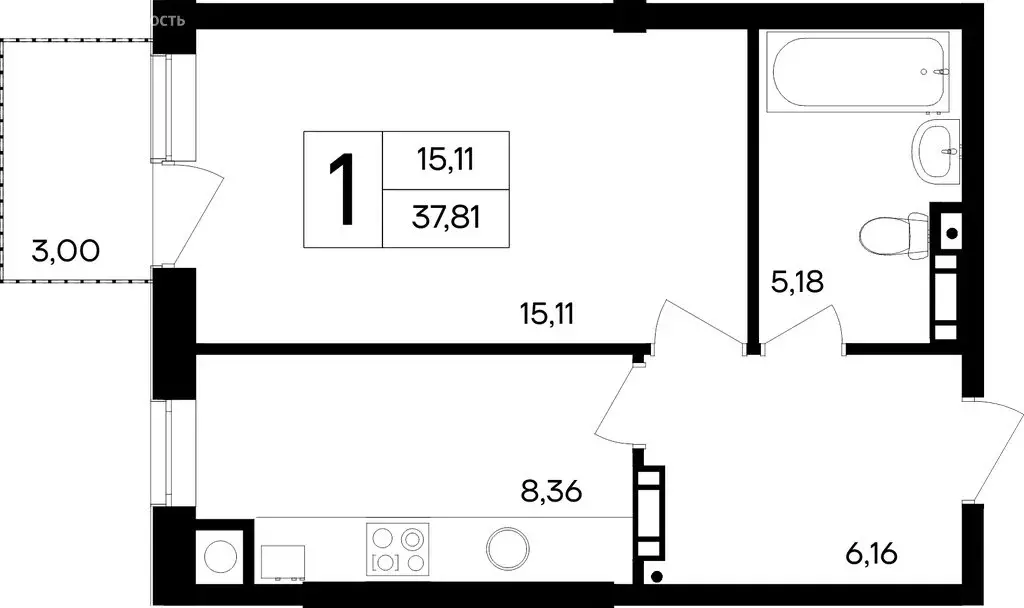 1-комнатная квартира: Заозёрное, жилой комплекс Кубики (37.81 м) - Фото 1