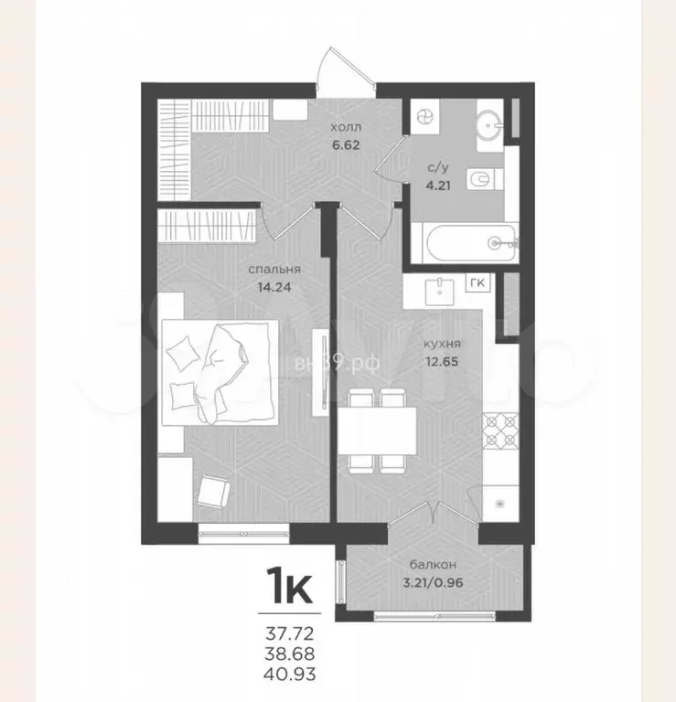 1-к. квартира, 38,7 м, 3/4 эт. - Фото 1