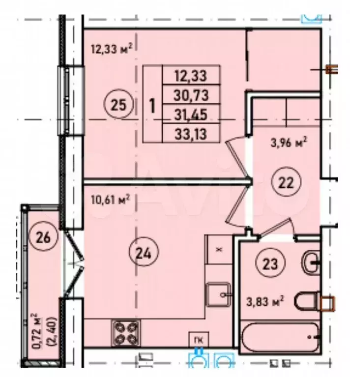 1-к. квартира, 33,1 м, 7/7 эт. - Фото 1