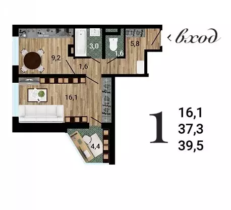 1-комнатная квартира: Воронеж, ЖК 8 Элемент (39.83 м) - Фото 1