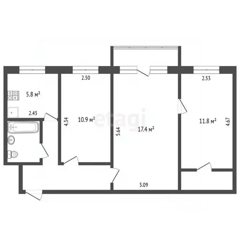 3-к кв. Московская область, Долгопрудный Театральная ул., 11 (57.0 м) - Фото 2