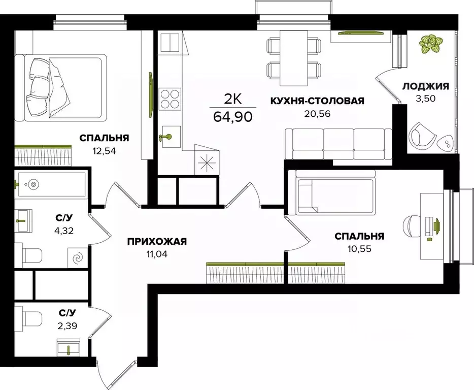 2-к кв. Тульская область, Тула  (64.9 м) - Фото 0