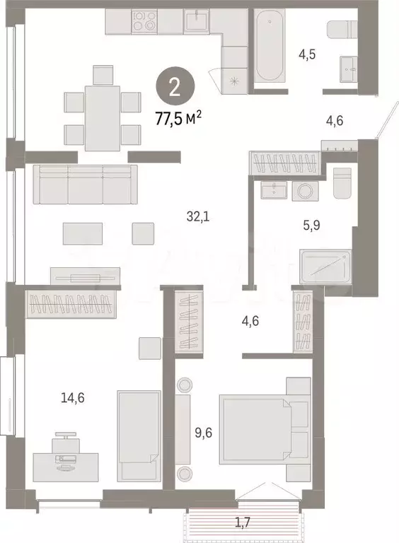 2-к. квартира, 77,5 м, 12/23 эт. - Фото 1