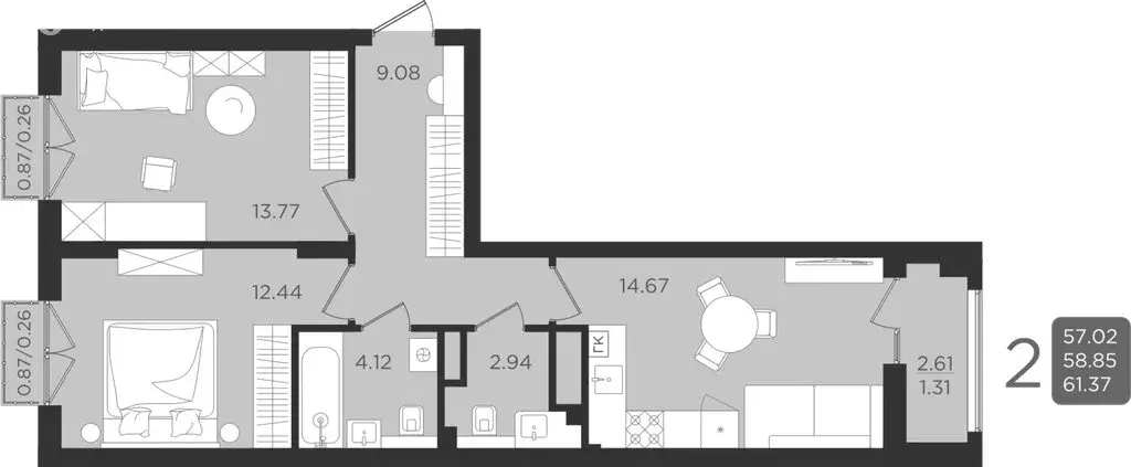 2-комнатная квартира: Калининград, улица Старшины Дадаева, 55к2 (58.85 ... - Фото 1