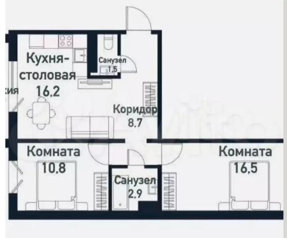 2-к. квартира, 56 м, 9/10 эт. - Фото 0