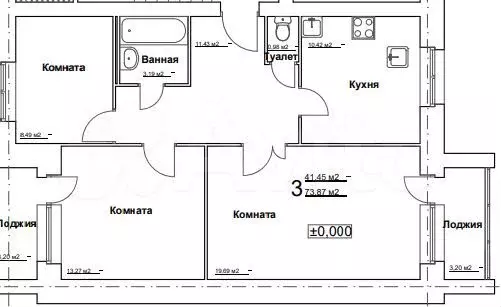 3-к. квартира, 73,9 м, 2/3 эт. - Фото 0