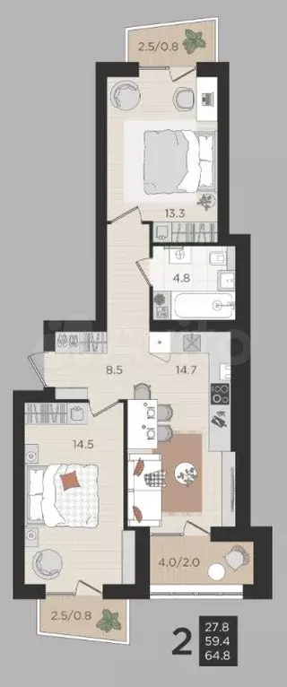 2-к. квартира, 60 м, 2/4 эт. - Фото 1