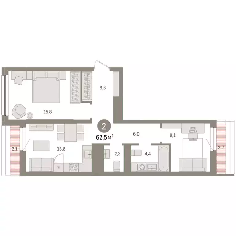 2-комнатная квартира: Тюмень, Мысовская улица, 26к1 (62.46 м) - Фото 1