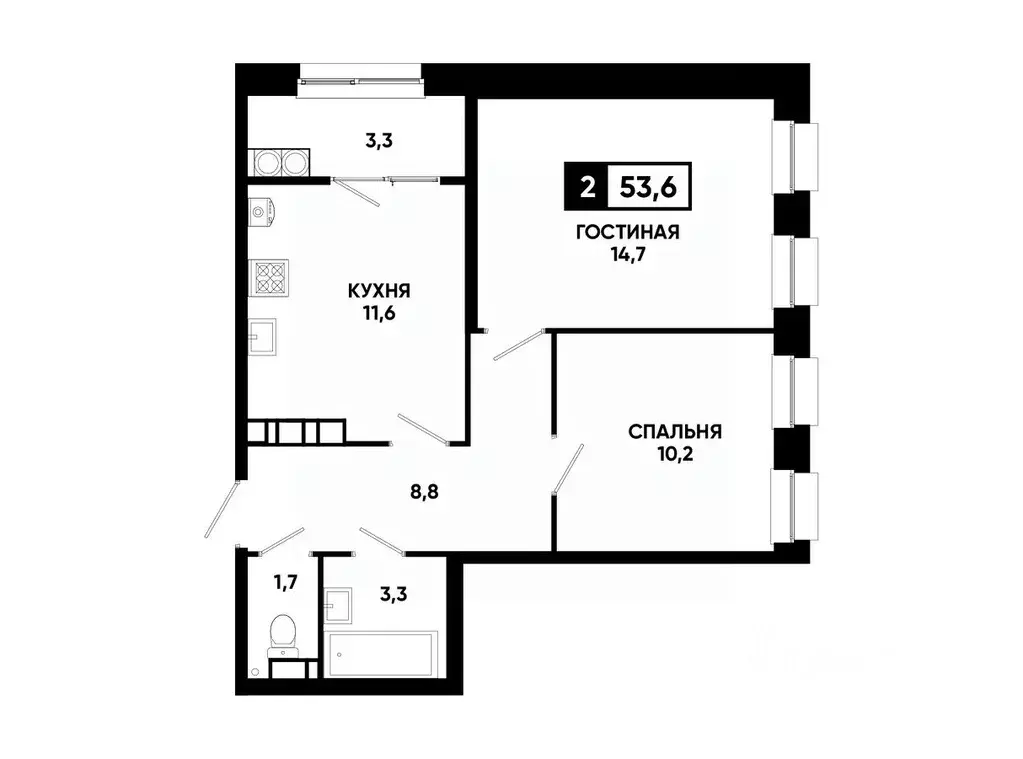 2-к кв. Ставропольский край, Ставрополь ул. Андрея Голуба, 12к8 (53.6 ... - Фото 0