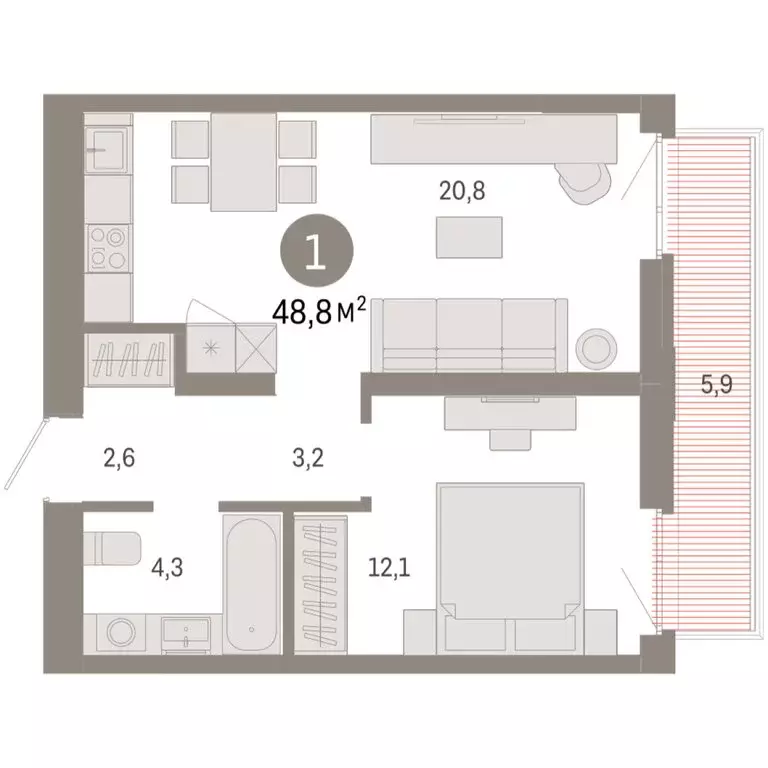 1-комнатная квартира: Тюмень, Ленинский округ (48.75 м) - Фото 1