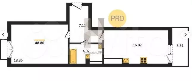1-к. квартира, 48,8 м, 5/7 эт. - Фото 1