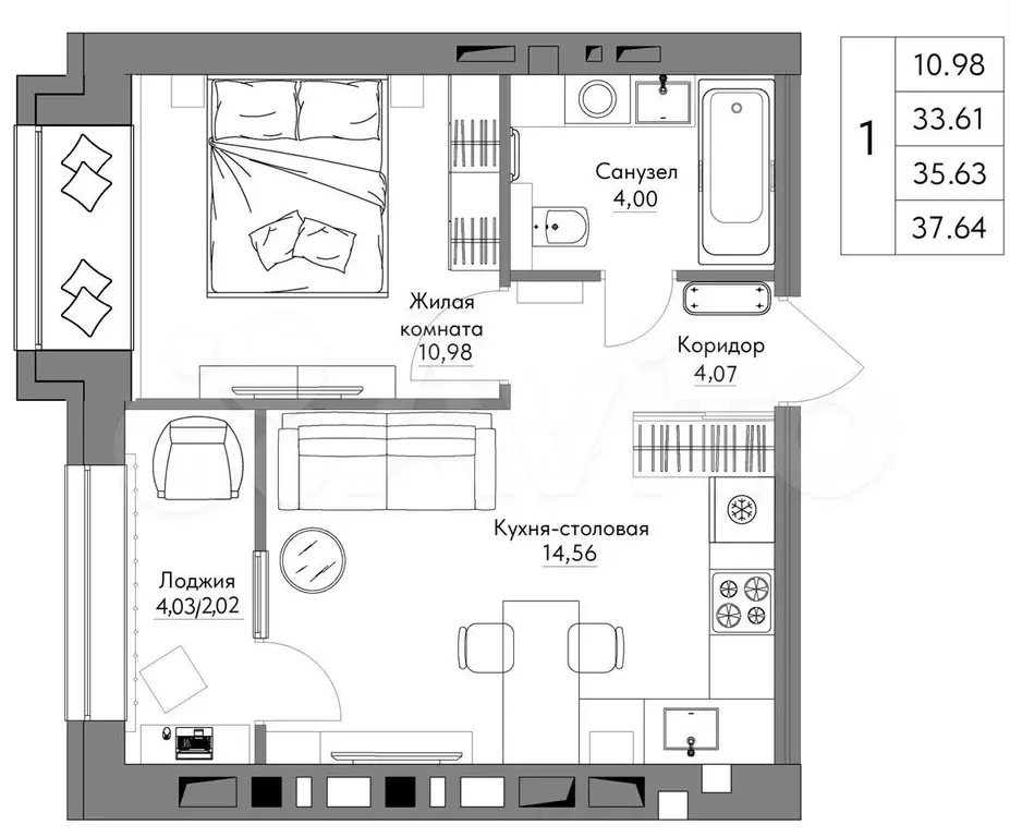 1-к. квартира, 37,6 м, 7/9 эт. - Фото 0