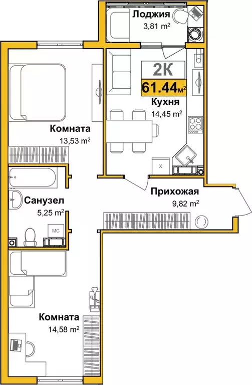 2-комнатная квартира: Симферополь, улица Батурина, 147 (59.54 м) - Фото 0