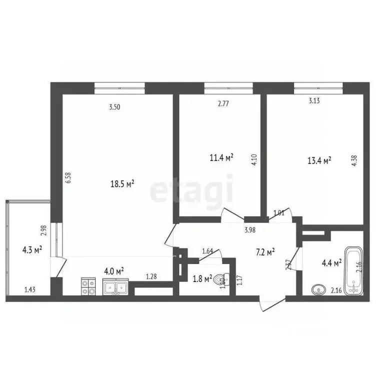 2-к кв. Ростовская область, Ростов-на-Дону просп. Сиверса, 30 (65.0 м) - Фото 1