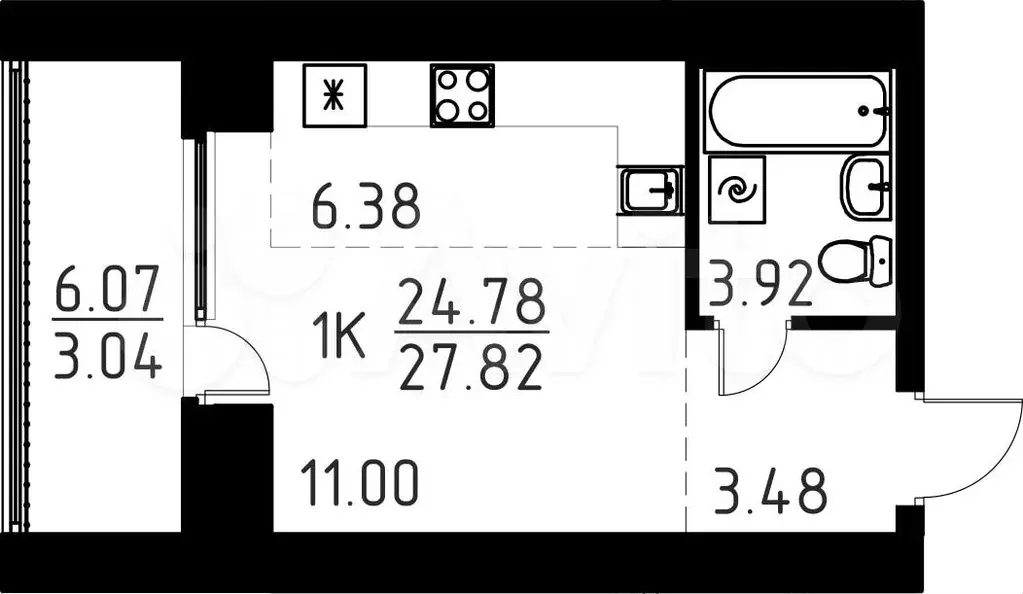 1-к. квартира, 27,8 м, 3/9 эт. - Фото 0