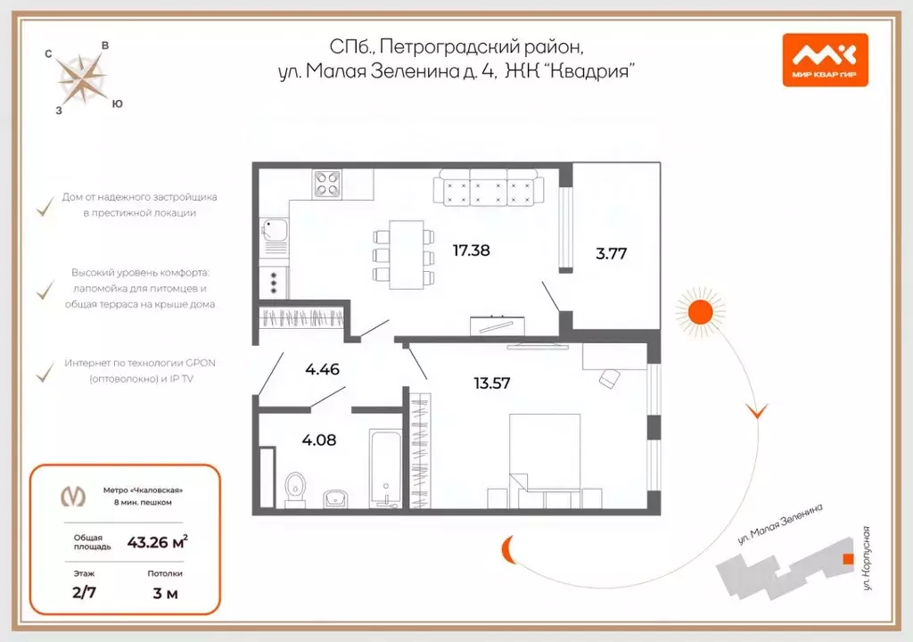 2-к кв. Санкт-Петербург ул. Малая Зеленина, 4 (42.3 м) - Фото 2